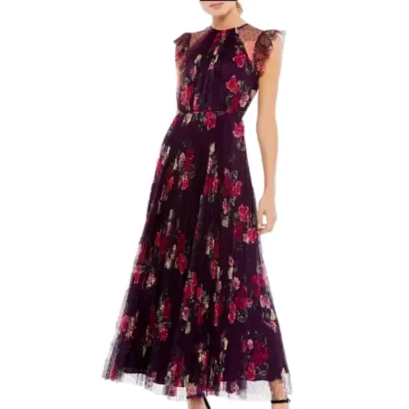 MAC DUGGAL 2143  Floral Flutter Sleeve Midi Dress NWT Size 4 - Picture 3 of 12